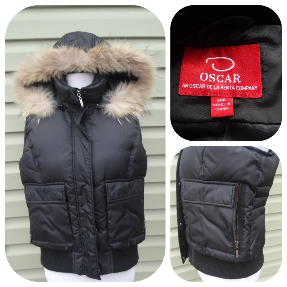 Oscar De La Renta puffer vest w Raccoon Fur trim Hood SMALL, down filling